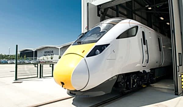 Train appearing from Hitachi Rail Factory